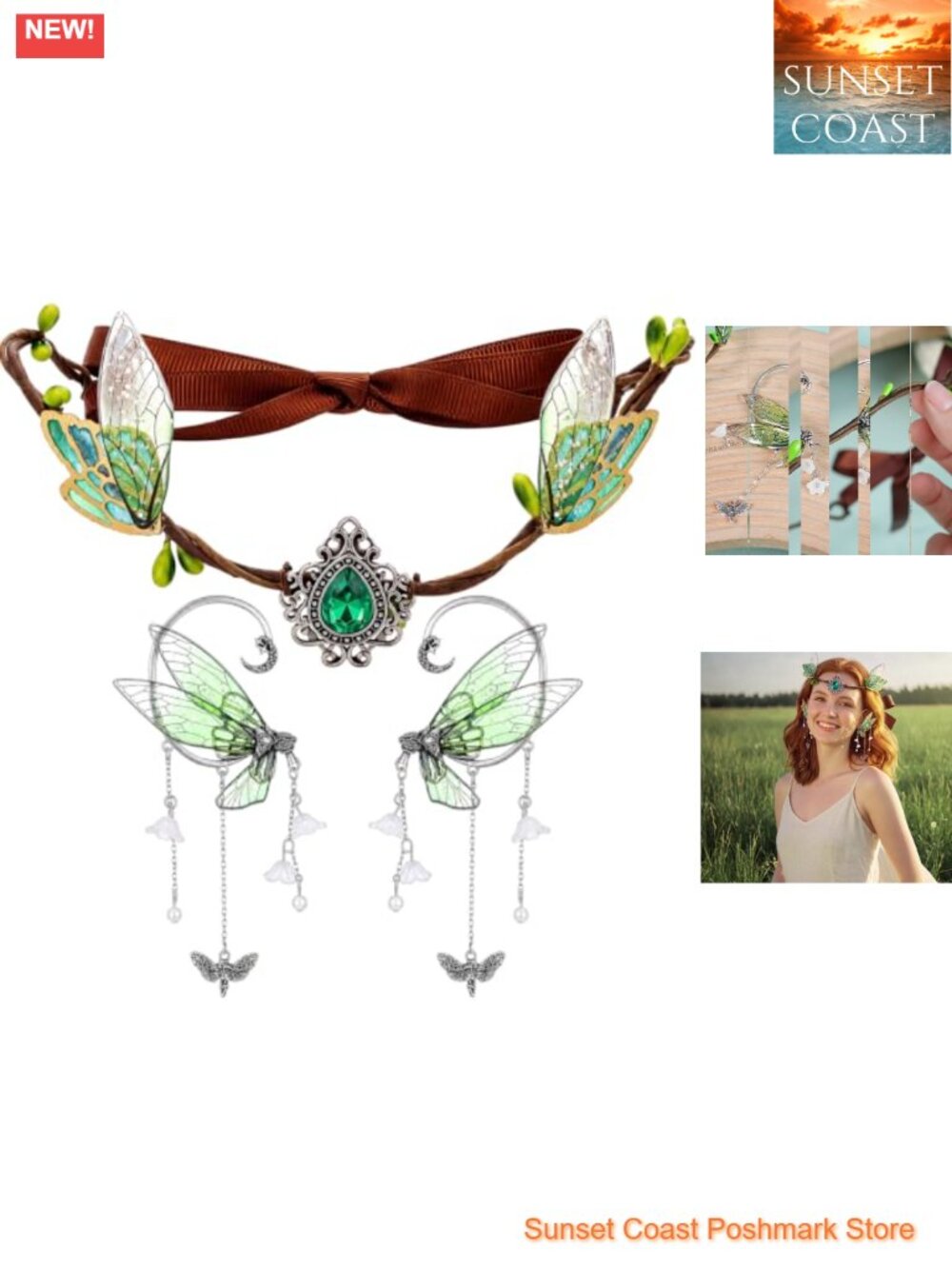 Elf Fairy Crown Headband Ear Cuff Cosplay Costume Accessory Set